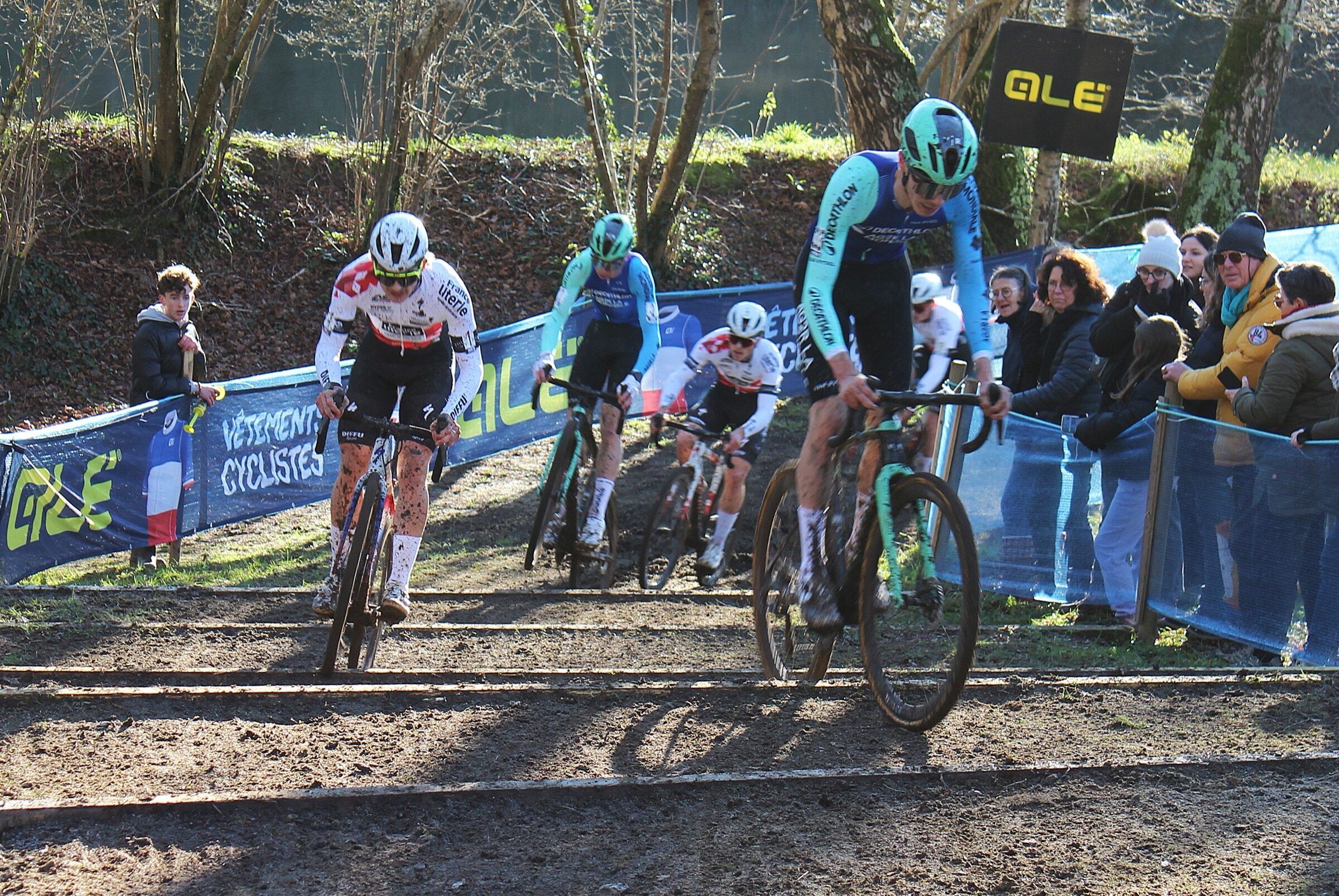 Quatre coureurs franchissent à vélo une série de marches de terre bordées de bois, sous les arbres, le public penché sur les barrières.